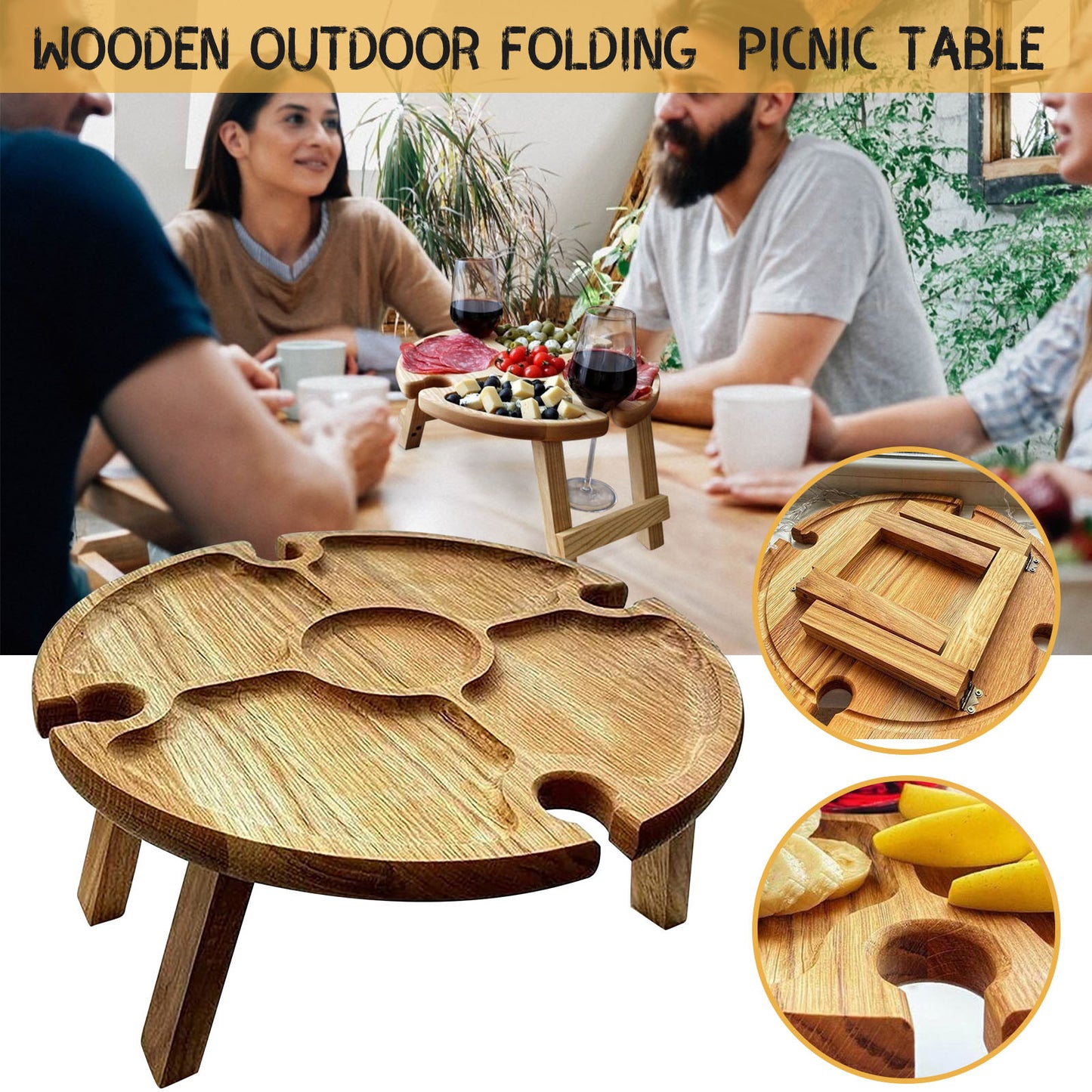 Wooden Folding table With Glass Holder