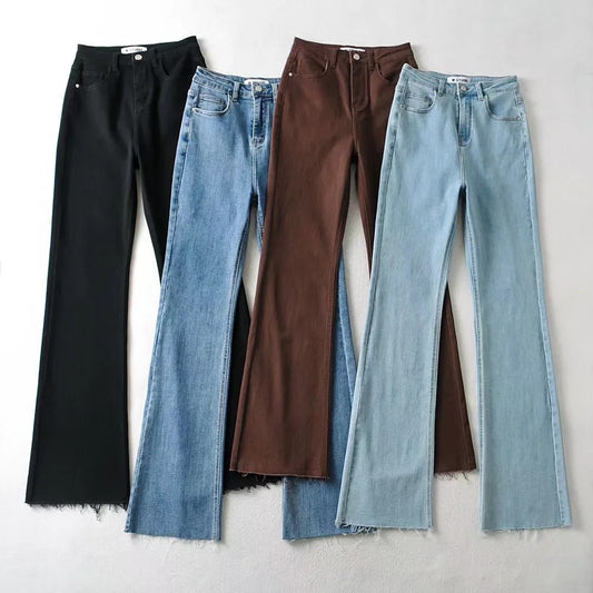 Raw Edge High Waist Denim Flared Pants