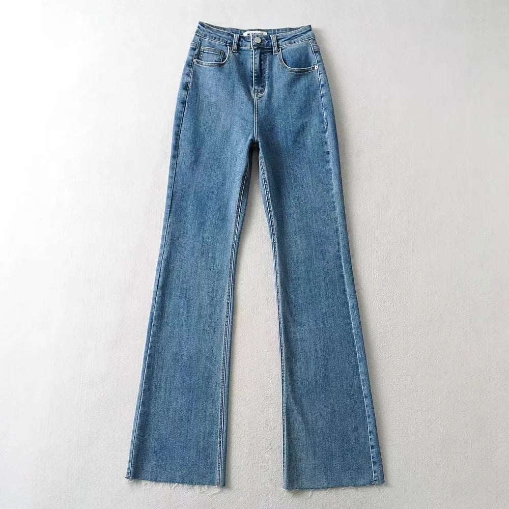 Raw Edge High Waist Denim Flared Pants